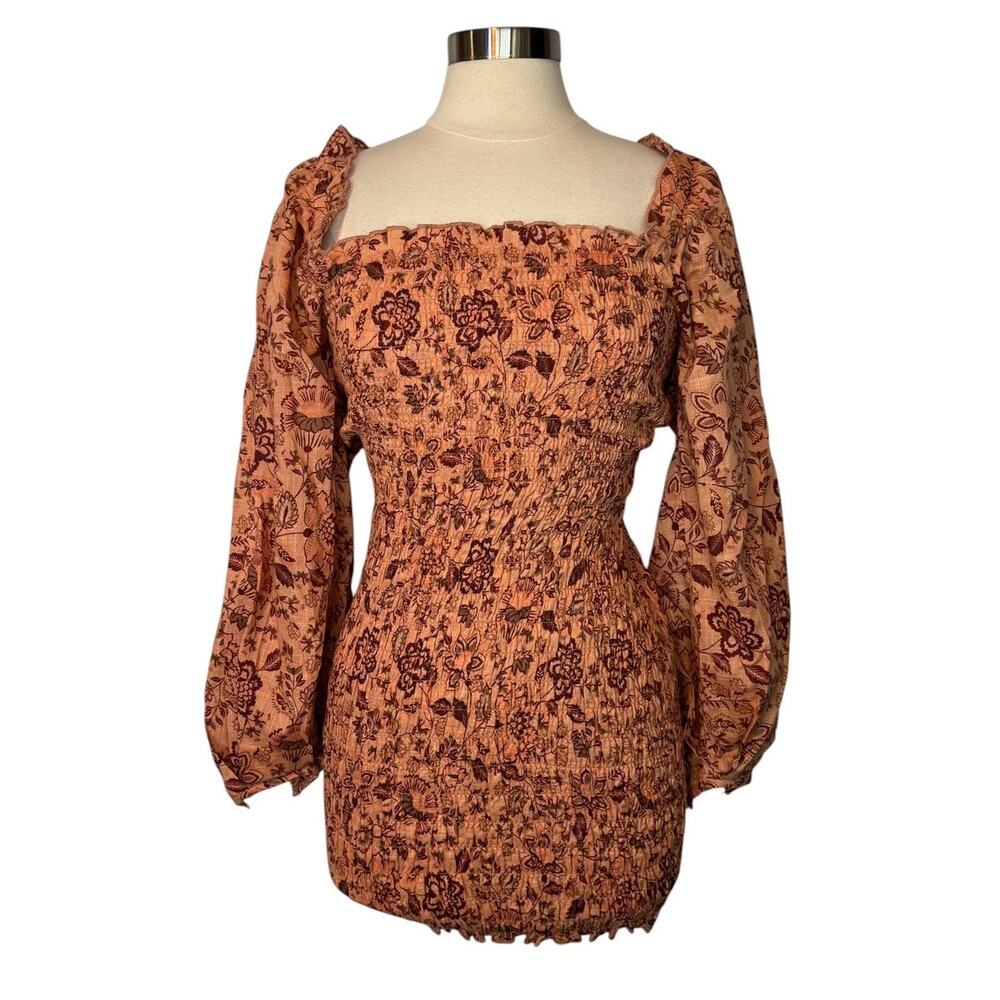 Free People Floral Smocked Square Neck Balloon Sleeve Top XS S Cotton